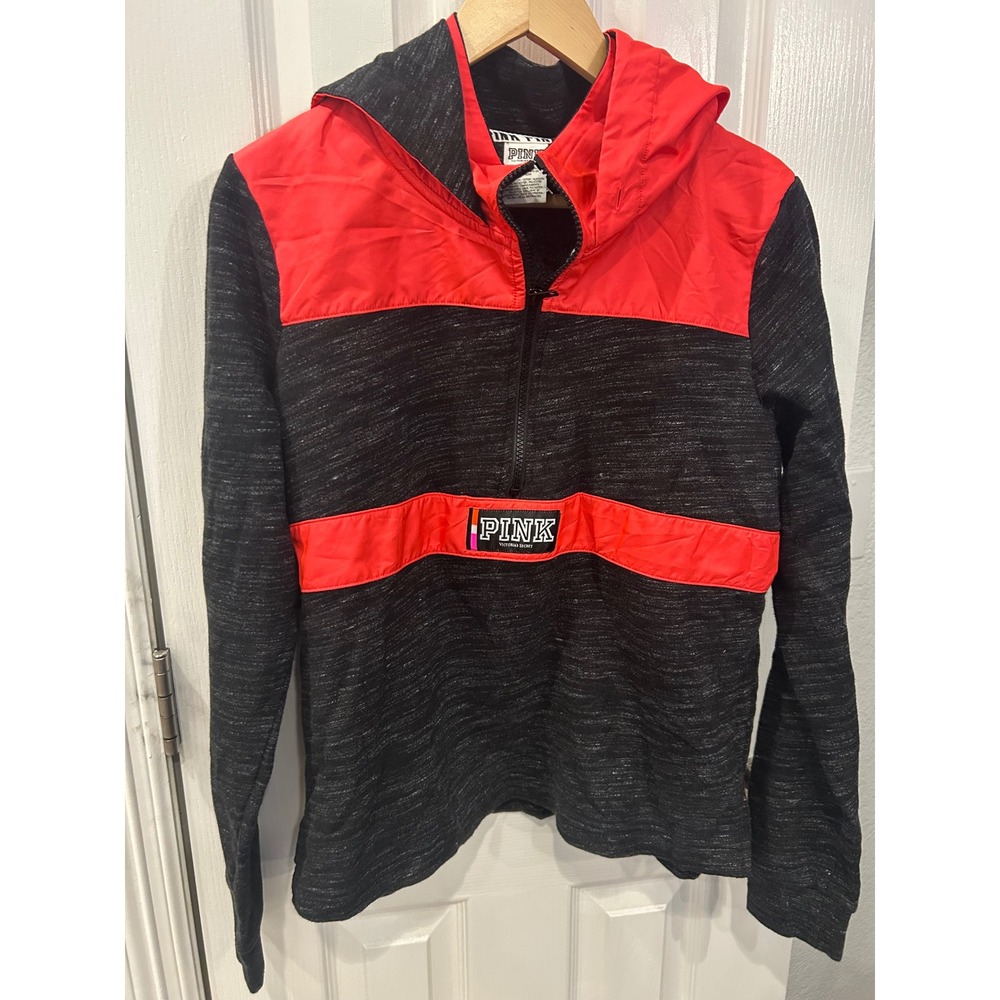 PINK Victoria's Secret Half Zip Hoodie‎ Red Black Colorblock Pullover Large